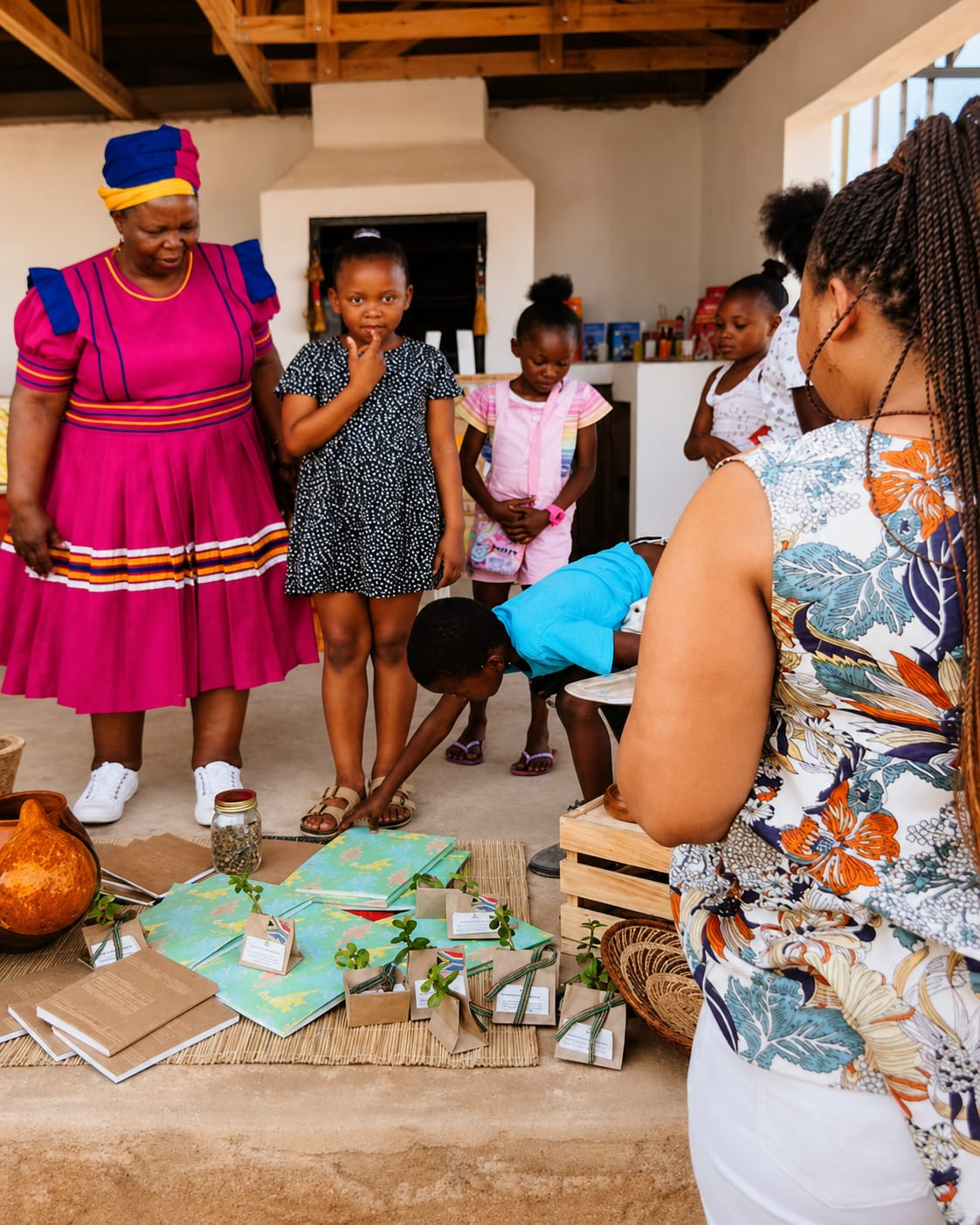 Community members reading with children at a book stall